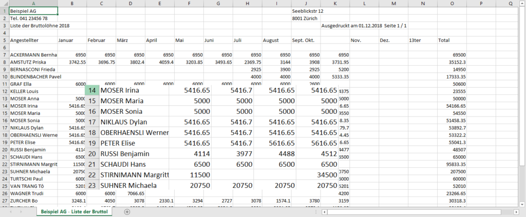 Excel mit Export der Bruttolöhne